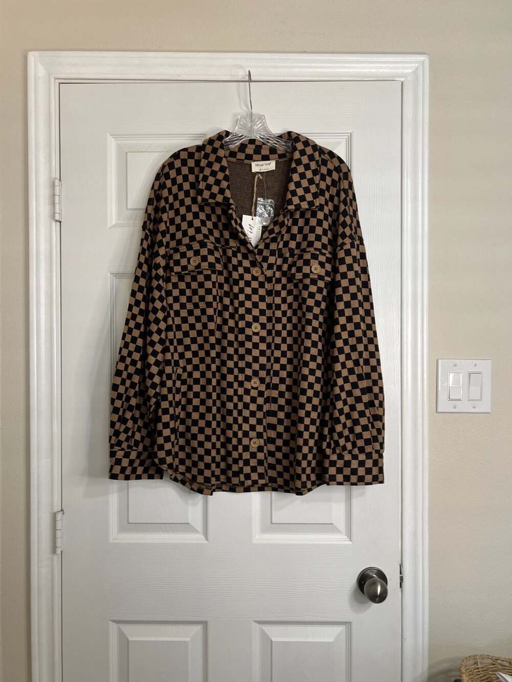 New In Brown and Black Checkered Button-Down Shacket Size 2X